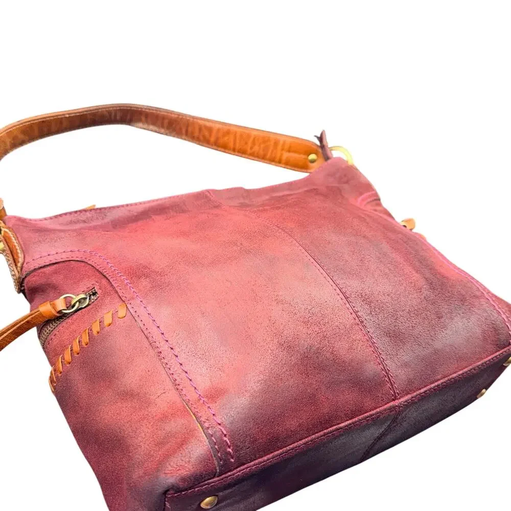 Nino Bossi Burgundy Leather Hobo Bag Whipstitch Boho Shoulder Purse